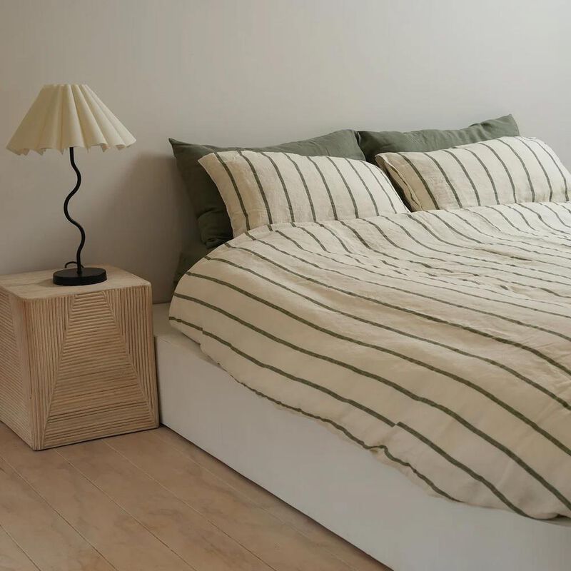 Home Lab 100% French Flax Linen Duvet Cover Set - Lichen Stripe image number 0